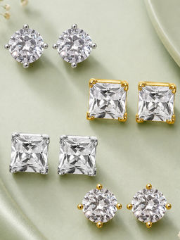 OOMPH - Solitaire Cubic Zirconia Silver And Gold Stud Earrings For Men (Pack of 4)