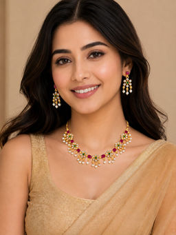 OOMPH - Ruby And Green Kempu Stones Delicate Floral Necklace Set