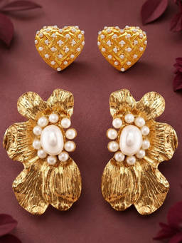 OOMPH - Gold Tone Heart And Floral Design Fashion Stud Earrings (Pack of 2)