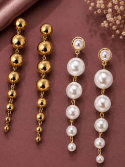 OOMPH - White And Gold Pearls Long Fashion Drop Earrings