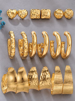 OOMPH - Gold Chunky Retro Textured Party-Wear Hoop Earrings (Pack of 6)