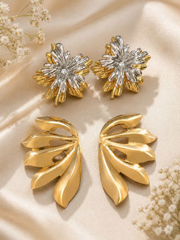 OOMPH - Gold Tone Floral And Leaf Design Fashion Drop Earrings (Pack of 2)