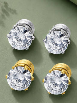 OOMPH - Silver And Gold Cubic Zirconic Magnetic Non-Piercing Stud Earrings (Pack of 2)