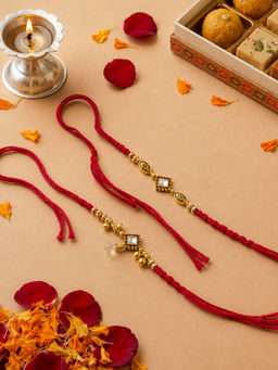 Niscka - Gold Plated Om And White Kundan Bhaiya Bhabhi Rakhi Set (Pack of 2)