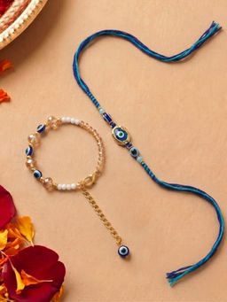 Niscka - Blue Evil Eye Bhaiya Bhabhi Rakhi Set With Evil Eye Kada Bracelet (Pack of 2)