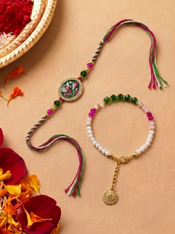 Niscka - Floral Cz And Multicolor Stone Kada Bhaiya Bhabhi Rakhi Set (Pack of 2)