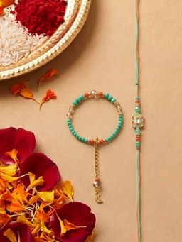 Niscka - Green Stone Bhaiya Bhabhi Rakhi Set With Green Kada Bracelet (Pack of 2)
