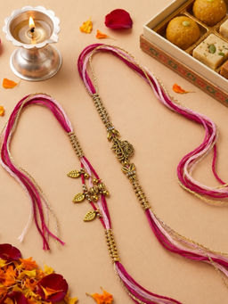 Niscka - Gold Plated Red Krishna Bhaiya Bhabhi Rakhi Set (Pack of 2)