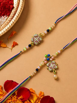 Niscka - Multicolor Meenakari Kundan Bhaiya Bhabhi Rakhi Set (Pack of 2)