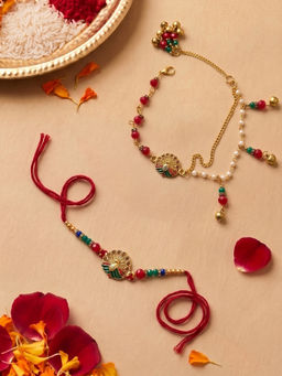 Niscka - Gold Plated Peacock Bhaiya Bhabhi Rakhi Set (Pack of 2)