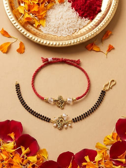 Niscka - Gold Plated Om Bhaiya Bhabhi Rakhi Set With Black Beads (Pack of 2)
