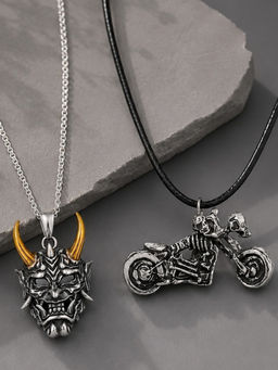 OOMPH - Silver Devil And Biker Skull Pendant Necklace For Men (Pack of 2)