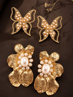 OOMPH - Gold Tone Floral And Pearl Butterfly Design Large Stud Earrings (Pack of 2)