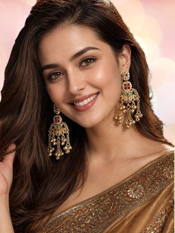 OOMPH - Gold Kashmiri Drop Earrings - Elephant Design With Ghungroo