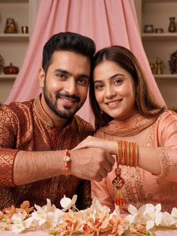 PANASH - Stone Studded Thread Bhaiya Bhabhi Rakhi With Roli Chawal Red