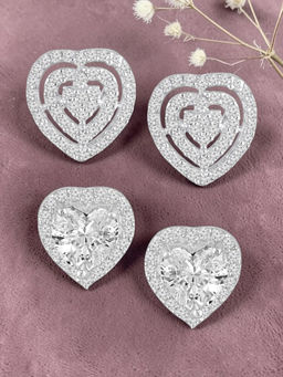 OOMPH - Silver Solitaire Cubic Zirconia Heart Shape Ear Stud Earrings White (Pack of 2)