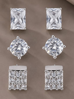 OOMPH - Solitaire Cubic Zirconia Silver Stud Earrings For Men (Pack of 3)