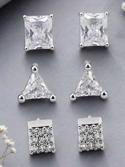 OOMPH - Solitaire Cubic Zirconia Silver Stud Earrings For Men (Pack of 3)