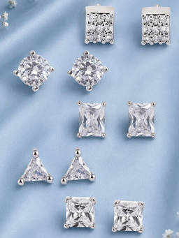 OOMPH - Fabula Combo of 5 Anti Tarnish Silver Small Cubic Zirconia Stud Earrings For Men