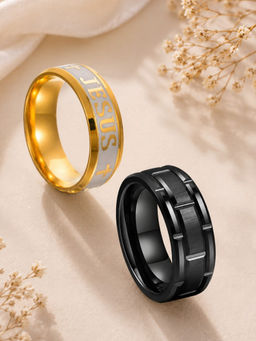 OOMPH - Black And Gold Stainless Steel Band Ring For Men (Pack of 2) (10)
