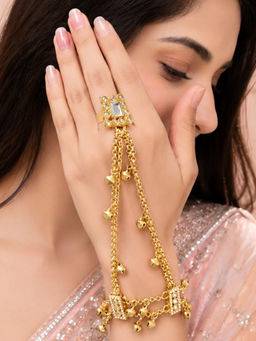 OOMPH - Gold Ghungroo And Kundan Kashmiri Haathphool Bracelet With Ring (Pack of 2)