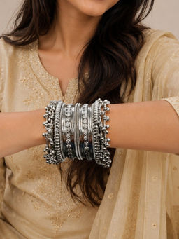 OOMPH - Oxidised Silver Ghungroo Kashmiri Bangle (Pack of 20) (2.6)
