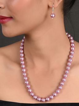 Ratnavali Jewels - Imitation Pearl 10mm Purple Beads Single Strand Necklace with Earrings (Set of 2)