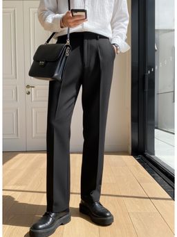 DELAN - Men Black Pleated Formal Korean Trouser