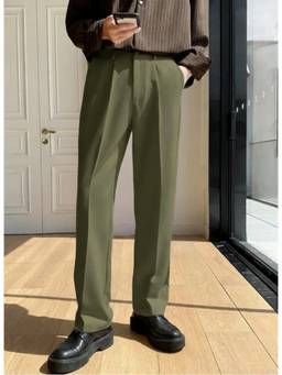 DELAN - Men Olive Pleated Formal Korean Trouser