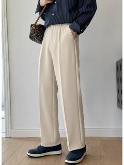 DELAN - Men Beige Pleated Formal Korean Trouser