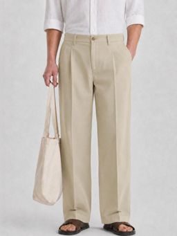 DELAN - Beige Pleated Wide-Leg Korean Trouser