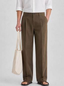 DELAN - Dark Brown Pleated Wide-Leg Korean Trouser