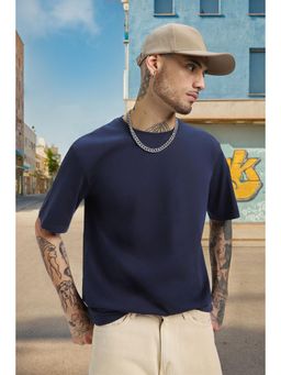 VEIRDO - Navy Blue Plain Oversized T-shirt