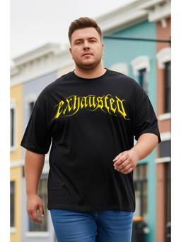 VEIRDO - Exhausted Black Graphic Printed Plus Size T-shirt