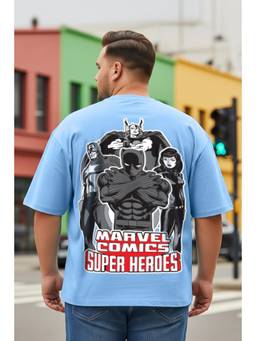 VEIRDO - Blue Super Heroes Dutch Canal Graphic Printed Plus Size T-shirt