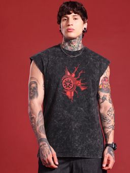 RHINO CULT - Grey Cotton Printed Sleeveless T-Shirt