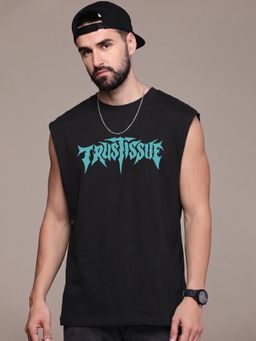RHINO CULT - Mens Black Cotton Printed Sleeveless T-Shirt