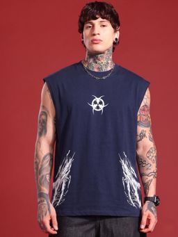RHINO CULT - Navy Blue Cotton Printed Sleeveless T-Shirt