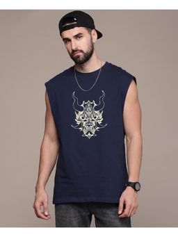 RHINO CULT - Mens Navy Blue Cotton Printed Sleeveless T-Shirt