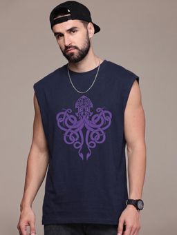 RHINO CULT - Navy Blue Men Cotton Printed Sleeveless T-Shirt