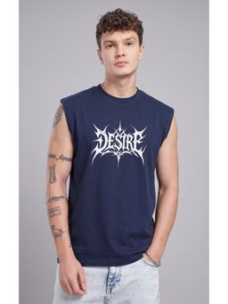 RHINO CULT - Men Navy Blue Cotton Printed Sleeveless T-Shirt
