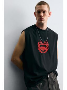 RHINO CULT - Men Black Cotton Printed Sleeveless T-Shirt