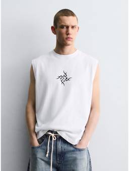 RHINO CULT - Men Off White Cotton Printed Sleeveless T-Shirt