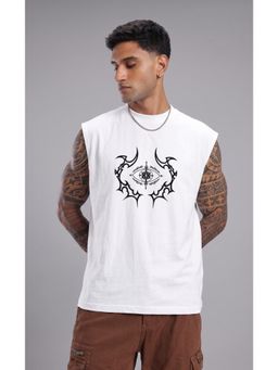 RHINO CULT - Men White Cotton Printed Sleeveless T-Shirt
