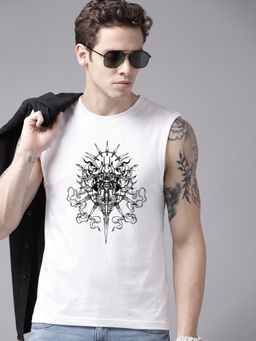 RHINO CULT - White Cotton Printed Sleeveless T-Shirt