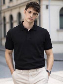 VEIRDO - Black Solid Cotton Regular Fit Polo T-shirt