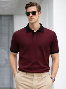 VEIRDO - Maroon Solid Cotton Regular Fit Polo T-shirt