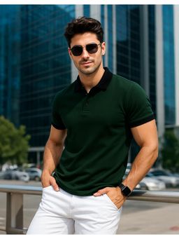 VEIRDO - Olive Solid Cotton Regular Fit Polo T-shirt