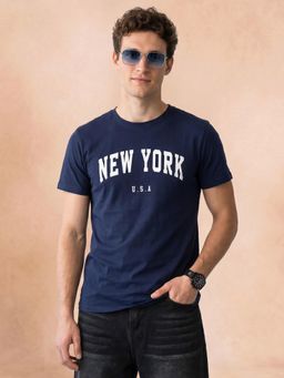 VEIRDO - New York Navy Blue Regular Fit Printed T-shirt