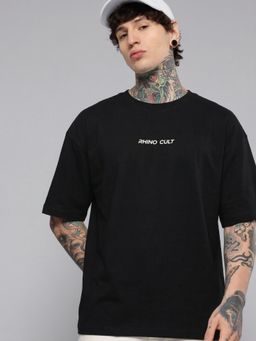 RHINO CULT - Mens Black Cotton Printed Oversized T-Shirt